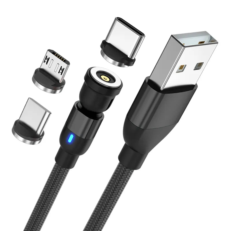 Magnetic rotating 3-in-1 USB data & charging cable